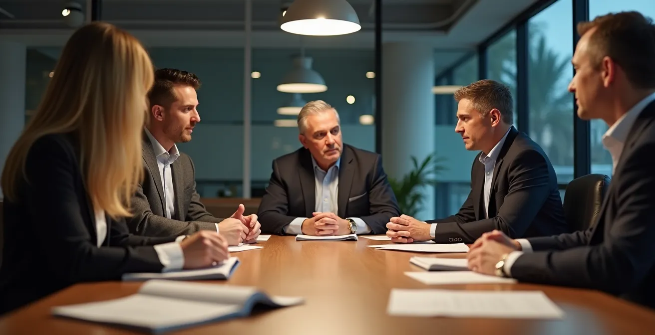 Assemblé d'associés d'une SARL en pleine discussion dans un bureau lumineux, ambiance de confiance et ordonnance