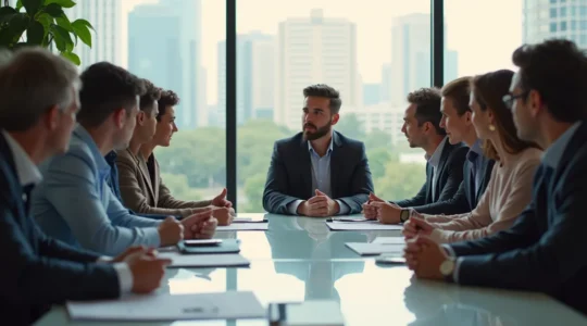 Groupe d'entrepreneurs en réunion stratégique dans un bureau moderne avec éclairage naturel et ambiance professionnelle