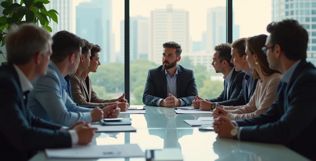 Groupe d'entrepreneurs en réunion stratégique dans un bureau moderne avec éclairage naturel et ambiance professionnelle