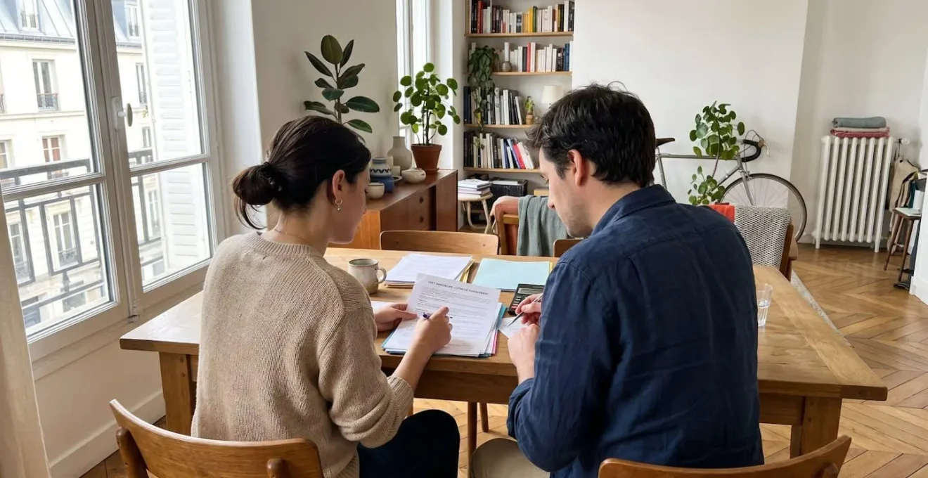 Un couple vu de dos consulte ensemble des documents financiers posés sur une table moderne près d'une grande fenêtre lumineuse dans un appartement contemporain