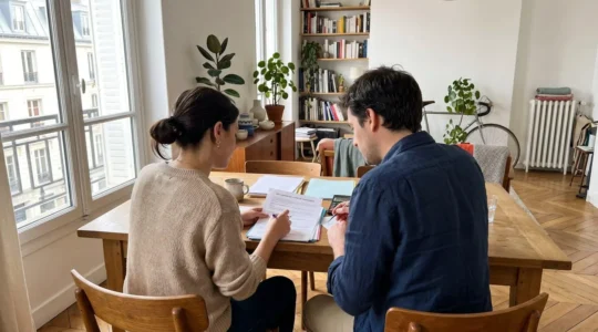 Un couple vu de dos consulte ensemble des documents financiers posés sur une table moderne près d'une grande fenêtre lumineuse dans un appartement contemporain