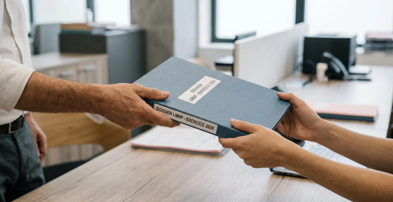 Deux personnes échangeant un dossier LMNP au-dessus d'un bureau : une main tend la chemise comptable, l'autre la reçoit, symbolisant la délégation à un expert-comptable