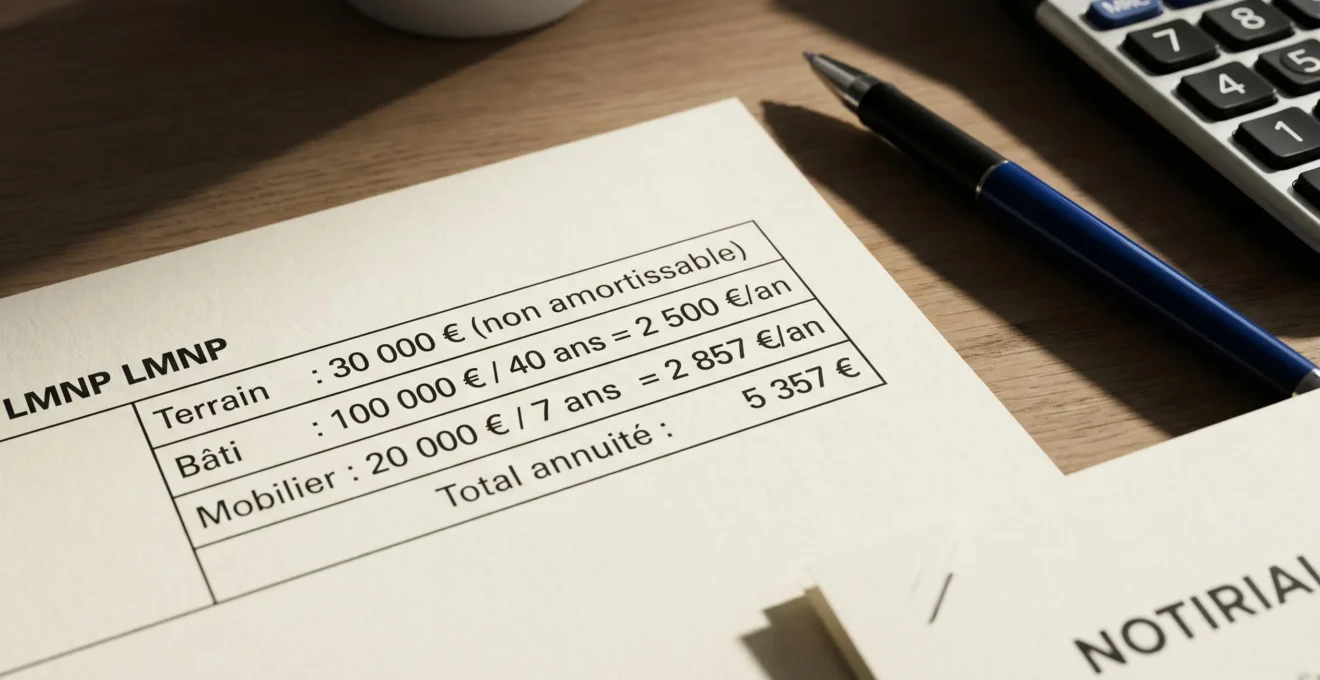Feuille de calcul d'amortissement LMNP détaillant la décomposition : terrain 30 000 € non amortissable, bâti 100 000 € sur 40 ans, mobilier 20 000 € sur 7 ans, total annuité 5 357 €