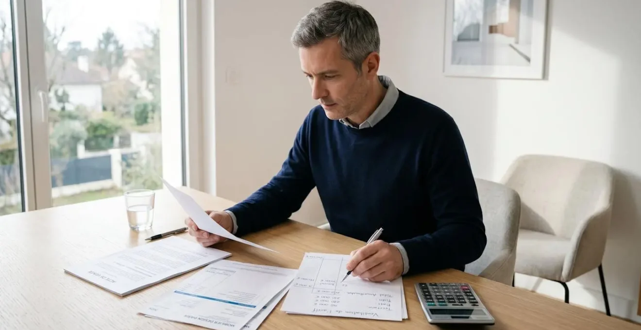 Investisseur consultant des documents comptables LMNP sur un bureau : acte notarié, factures de mobilier, feuille de calcul avec décomposition terrain-bâti-mobilier et calculatrice