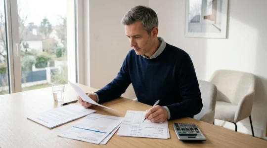 Investisseur consultant des documents comptables LMNP sur un bureau : acte notarié, factures de mobilier, feuille de calcul avec décomposition terrain-bâti-mobilier et calculatrice